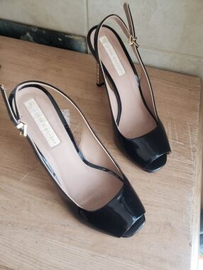 Black Patent Peep-Toe Slingback Heels - Designer Brand Made In Brazil